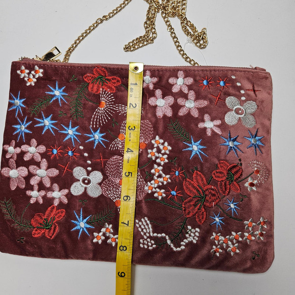 Embroidered Velvet Zip Top Pouch Purse Chainlink Shoulder Strap Mauve Pink - Picture 7 of 7